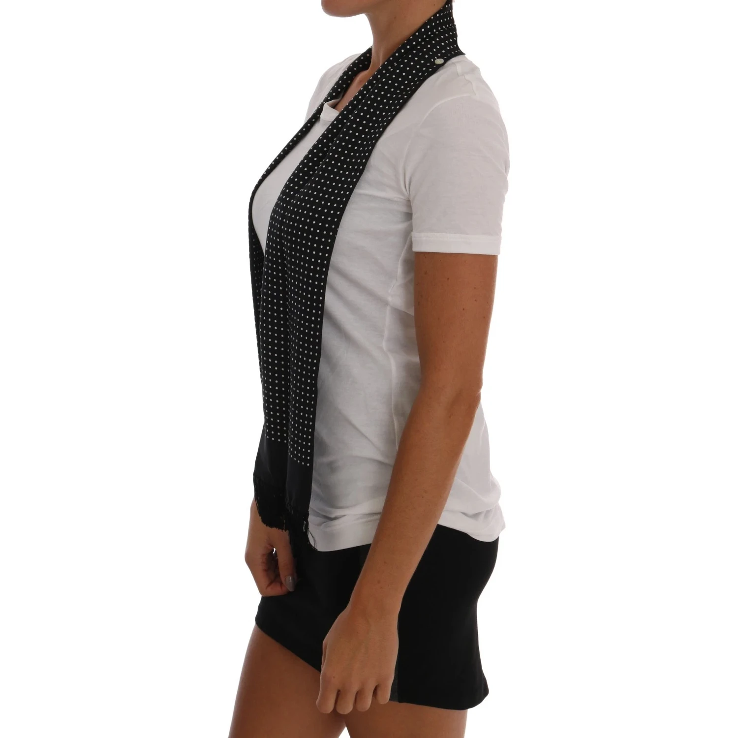 White Cotton Black Silk Scarf Top T-shirt