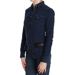 Cotton Blue Corduroy Long Sleeves Shirt Top Blouse