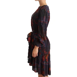A-line Navy Blue Floral Silk Long Sleeve Knee Length Dress