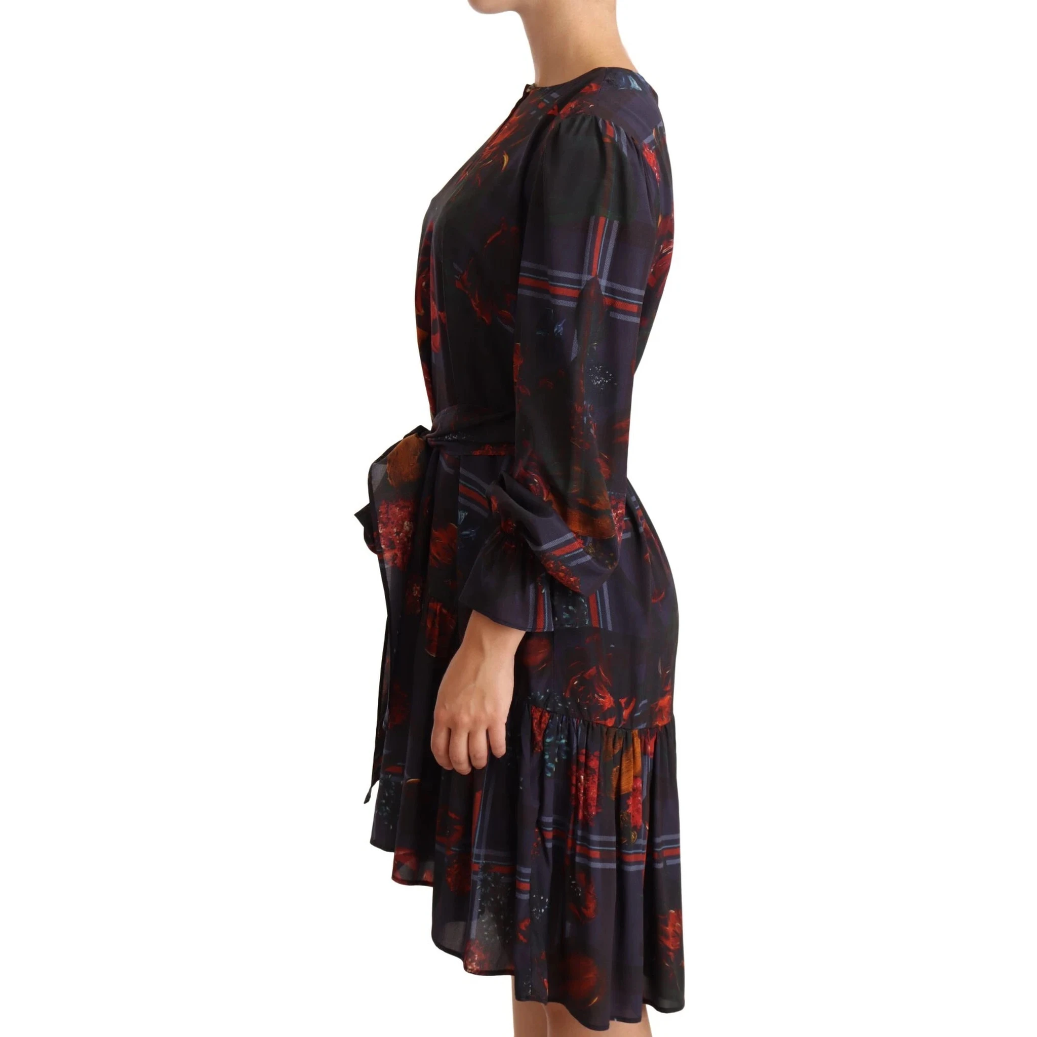 A-line Navy Blue Floral Silk Long Sleeve Knee Length Dress