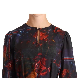 A-line Navy Blue Floral Silk Long Sleeve Knee Length Dress