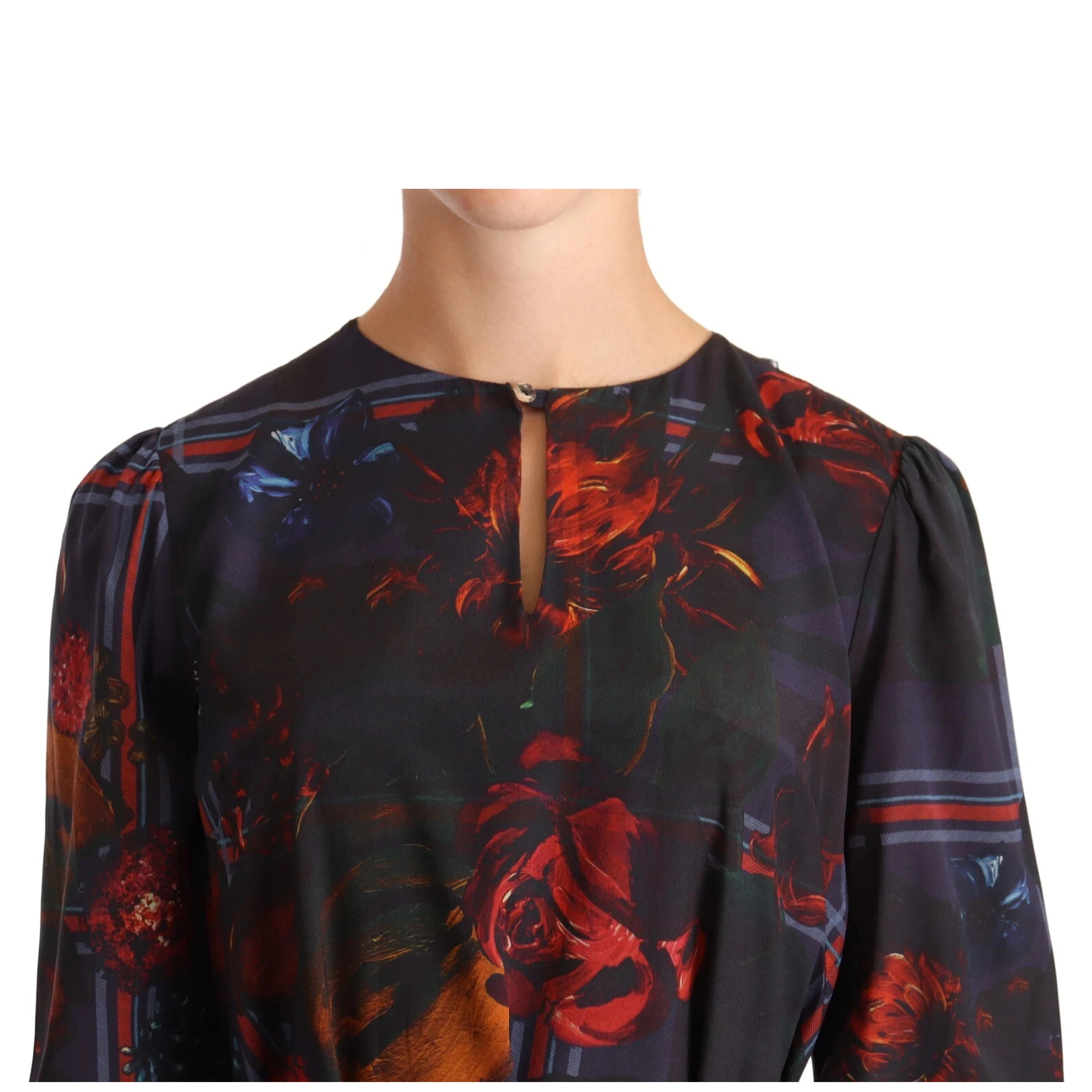 A-line Navy Blue Floral Silk Long Sleeve Knee Length Dress