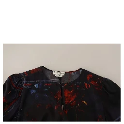 A-line Navy Blue Floral Silk Long Sleeve Knee Length Dress