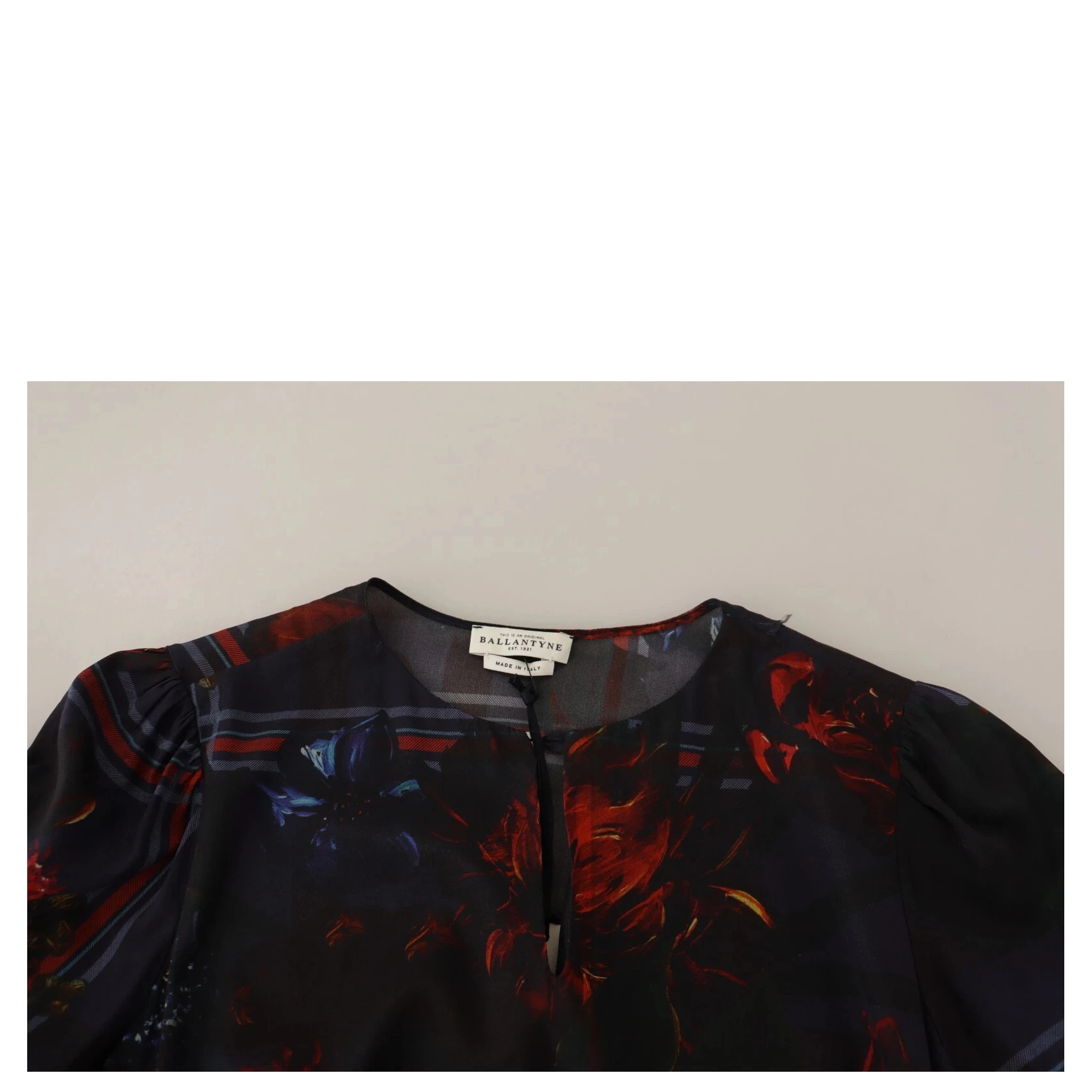 A-line Navy Blue Floral Silk Long Sleeve Knee Length Dress