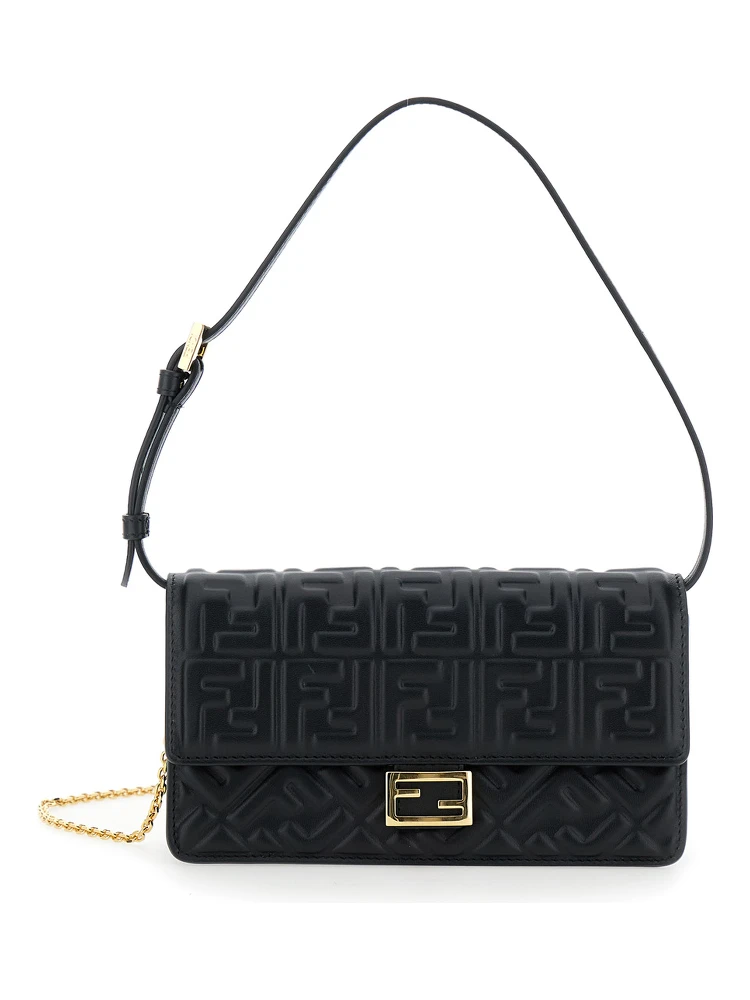 Black Wallet on Chain Baguette with All-Over FF Motif and FF Plaque in Leather Woman