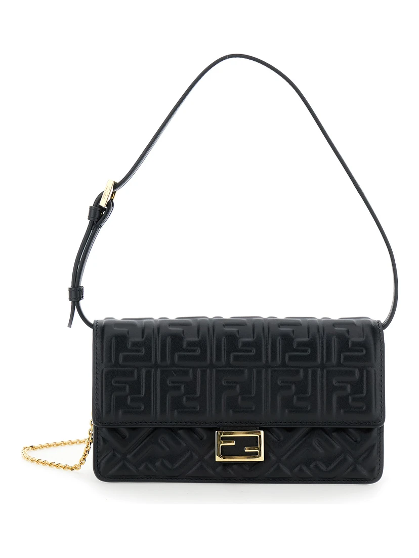 Black Wallet on Chain Baguette with All-Over FF Motif and FF Plaque in Leather Woman