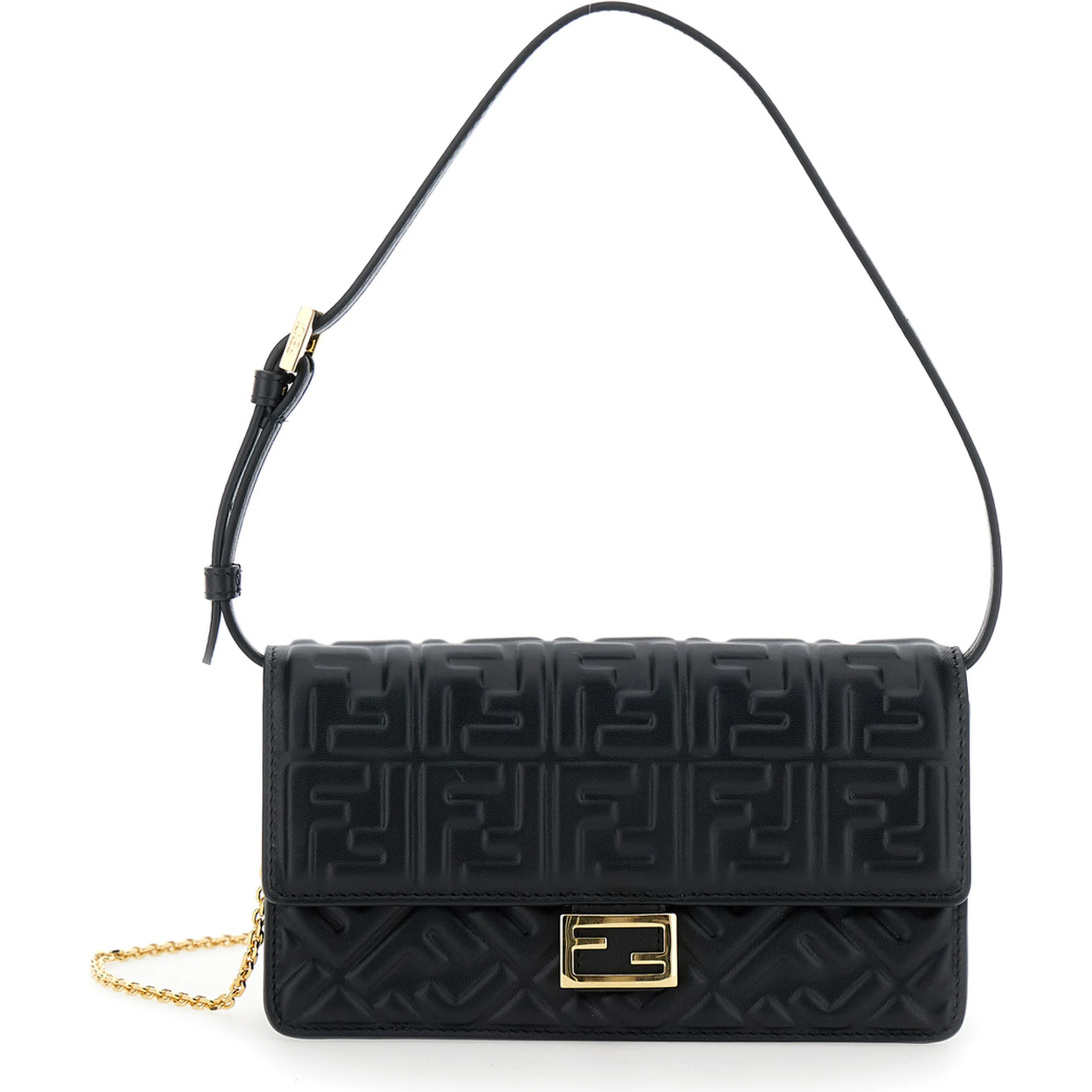Black Wallet on Chain Baguette with All-Over FF Motif and FF Plaque in Leather Woman