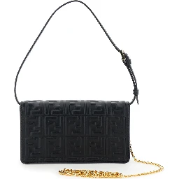 Black Wallet on Chain Baguette with All-Over FF Motif and FF Plaque in Leather Woman