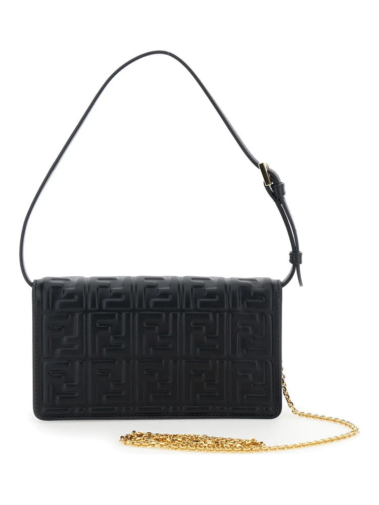 Black Wallet on Chain Baguette with All-Over FF Motif and FF Plaque in Leather Woman alternative