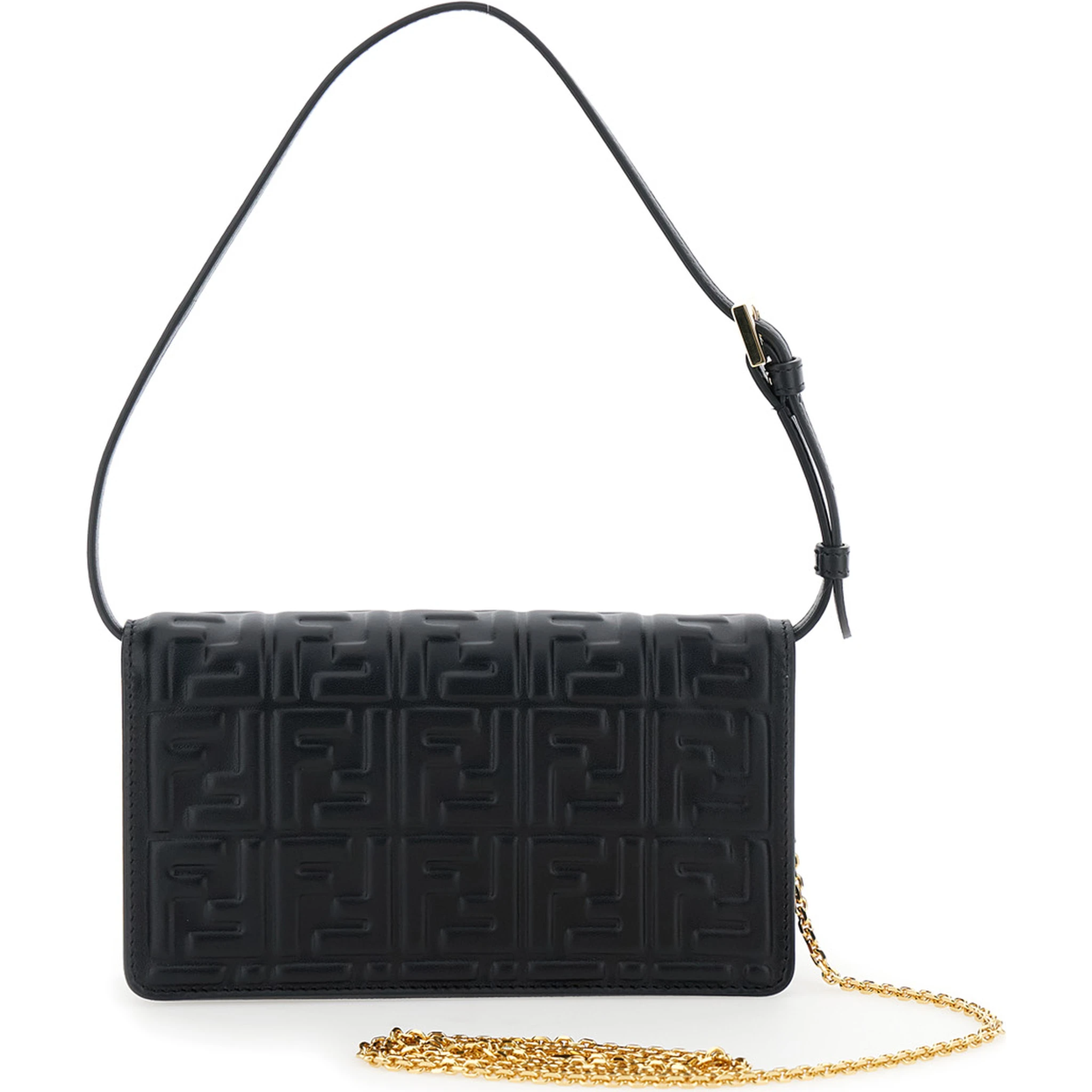 Black Wallet on Chain Baguette with All-Over FF Motif and FF Plaque in Leather Woman
