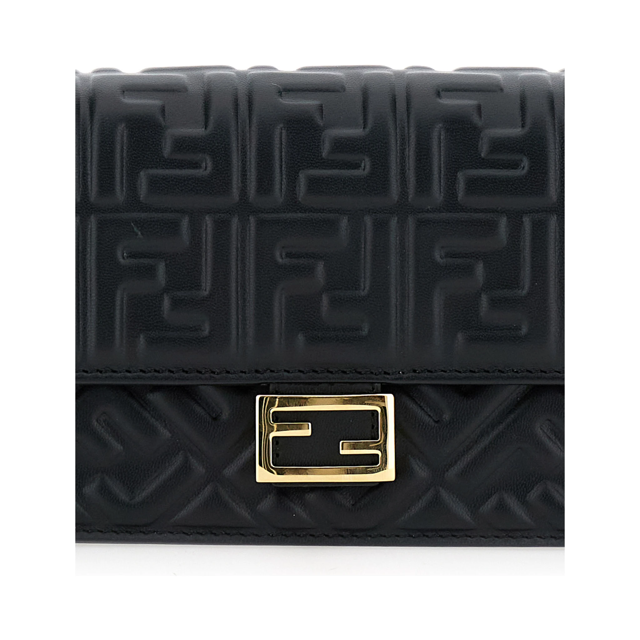 Black Wallet on Chain Baguette with All-Over FF Motif and FF Plaque in Leather Woman