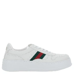 حذاء رياضي أبيض بتفاصيل شبكية ونعل سميك من الجلد للرجال