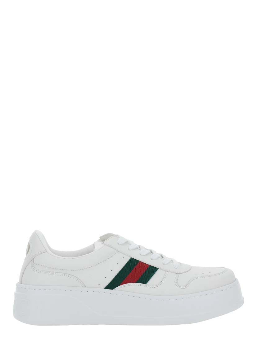 حذاء رياضي أبيض بتفاصيل شبكية ونعل سميك من الجلد للرجال