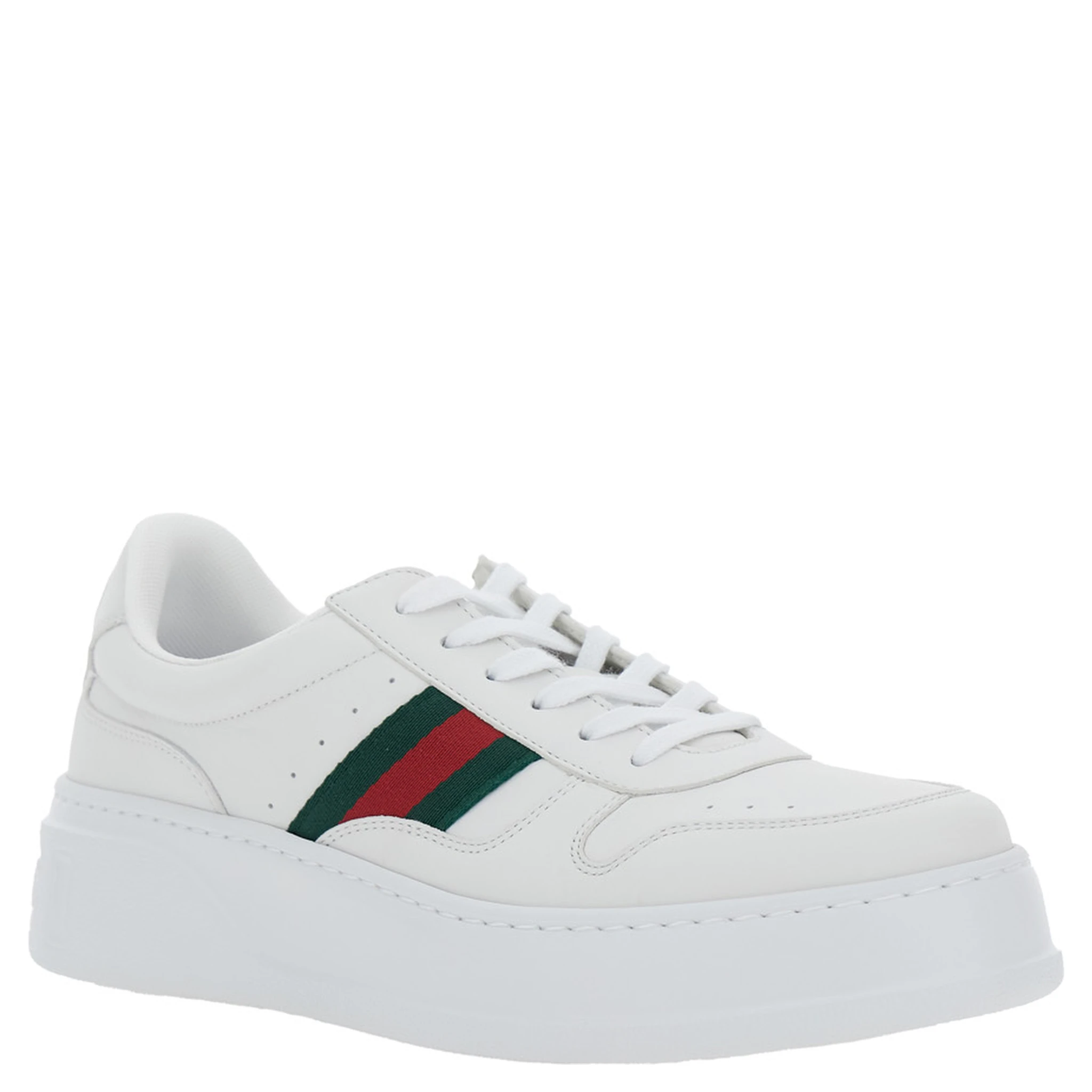 حذاء رياضي أبيض بتفاصيل شبكية ونعل سميك من الجلد للرجال