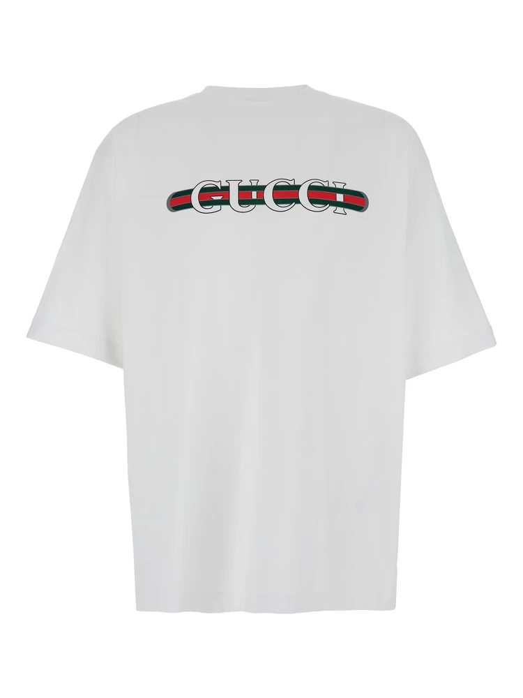 White Crewneck T-Shirt with Gucci and Web Print in Cotton Man