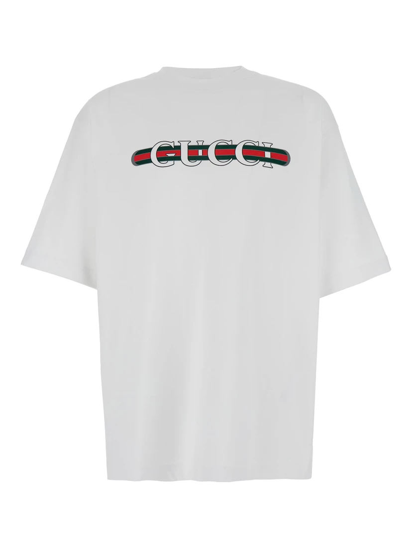 White Crewneck T-Shirt with Gucci and Web Print in Cotton Man