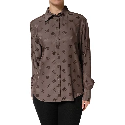 Brown Collared Long Sleeves Logo Shirt Top