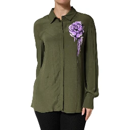 Top Green Acetate Collared Long Sleeves Floral Top