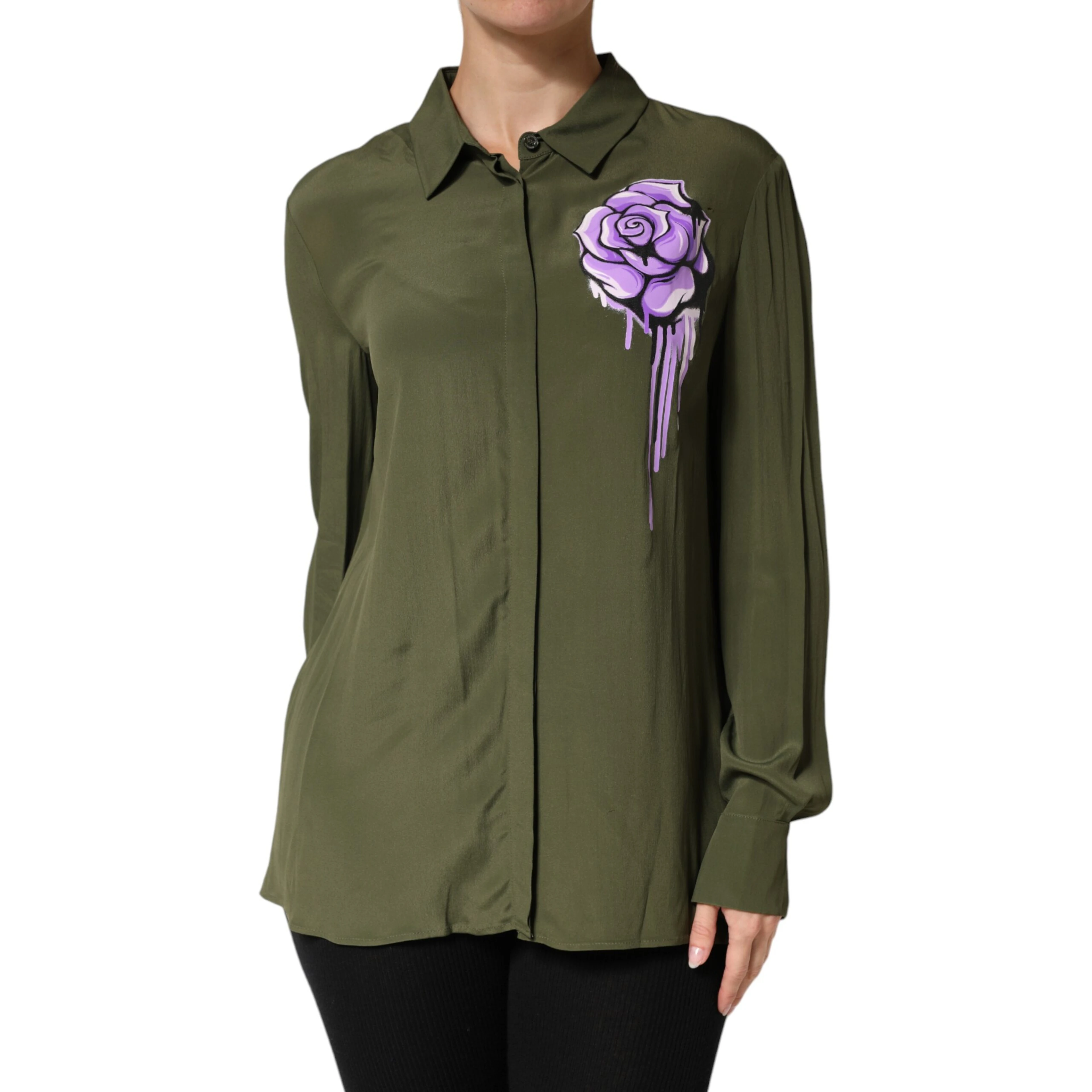 Top Green Acetate Collared Long Sleeves Floral Top