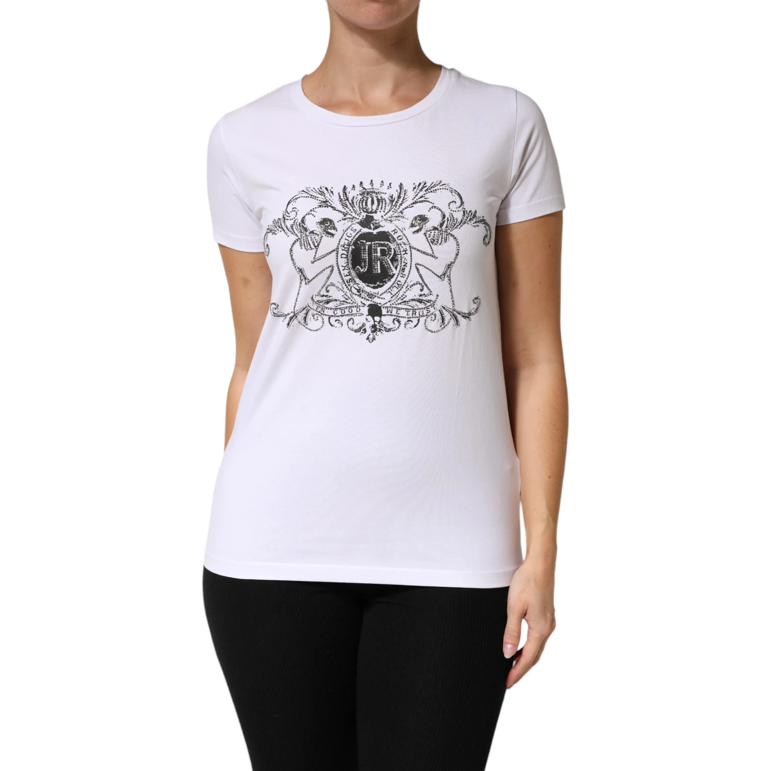 White Printed Cotton Stretch Crew Neck T-shirt