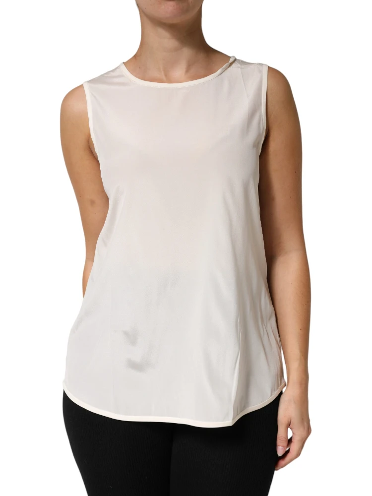 Off White Silk Stretch Roundneck Sleeveless Tank Top