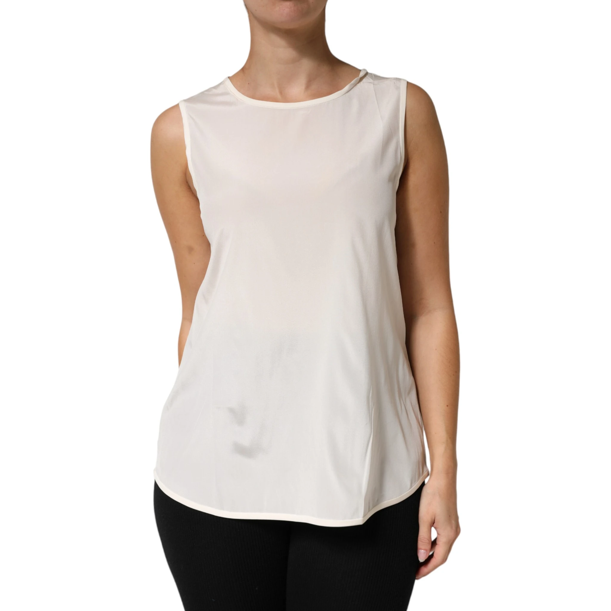 Off White Silk Stretch Roundneck Sleeveless Tank Top