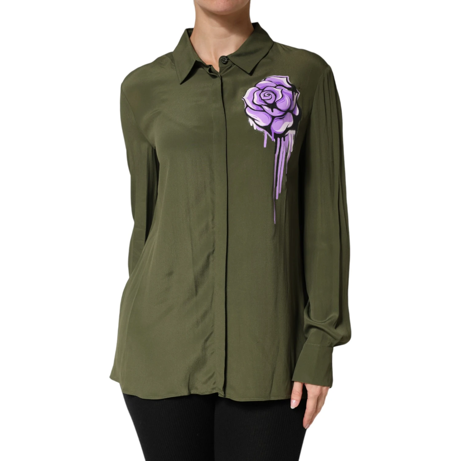 Top Green Acetate Collared Long Sleeves Floral Top