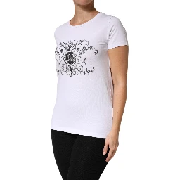 White Printed Cotton Stretch Crew Neck T-shirt