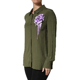 Top Green Acetate Collared Long Sleeves Floral Top