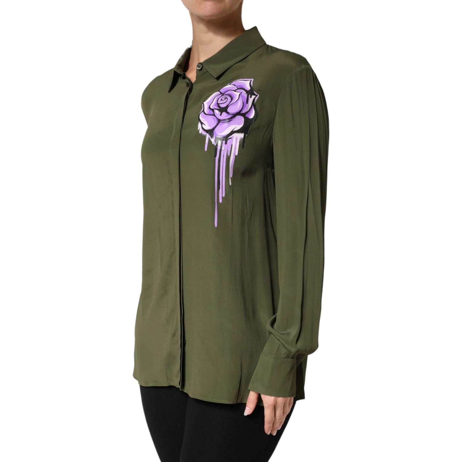 Top Green Acetate Collared Long Sleeves Floral Top
