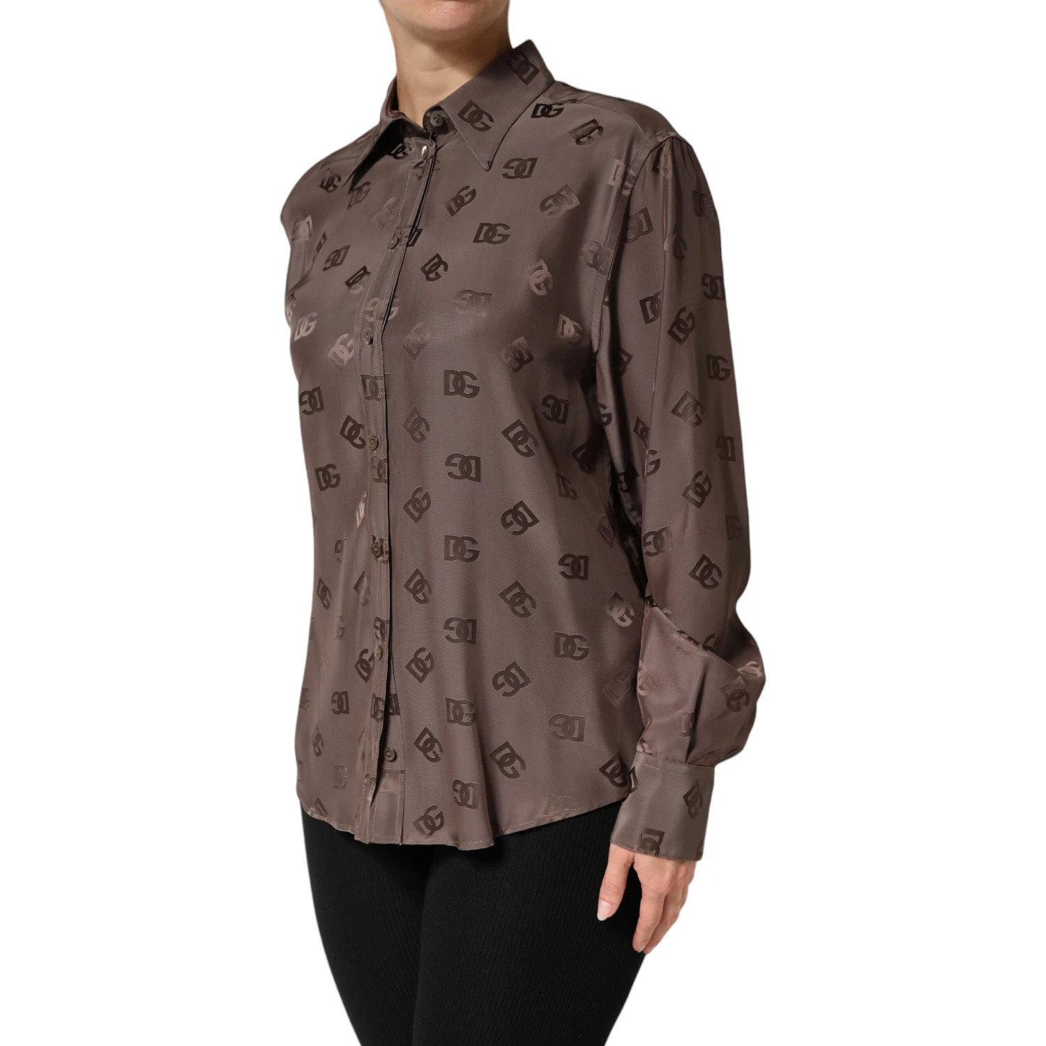Brown Collared Long Sleeves Logo Shirt Top