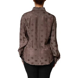 Brown Collared Long Sleeves Logo Shirt Top