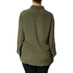 Top Green Acetate Collared Long Sleeves Floral Top