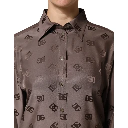 Brown Collared Long Sleeves Logo Shirt Top