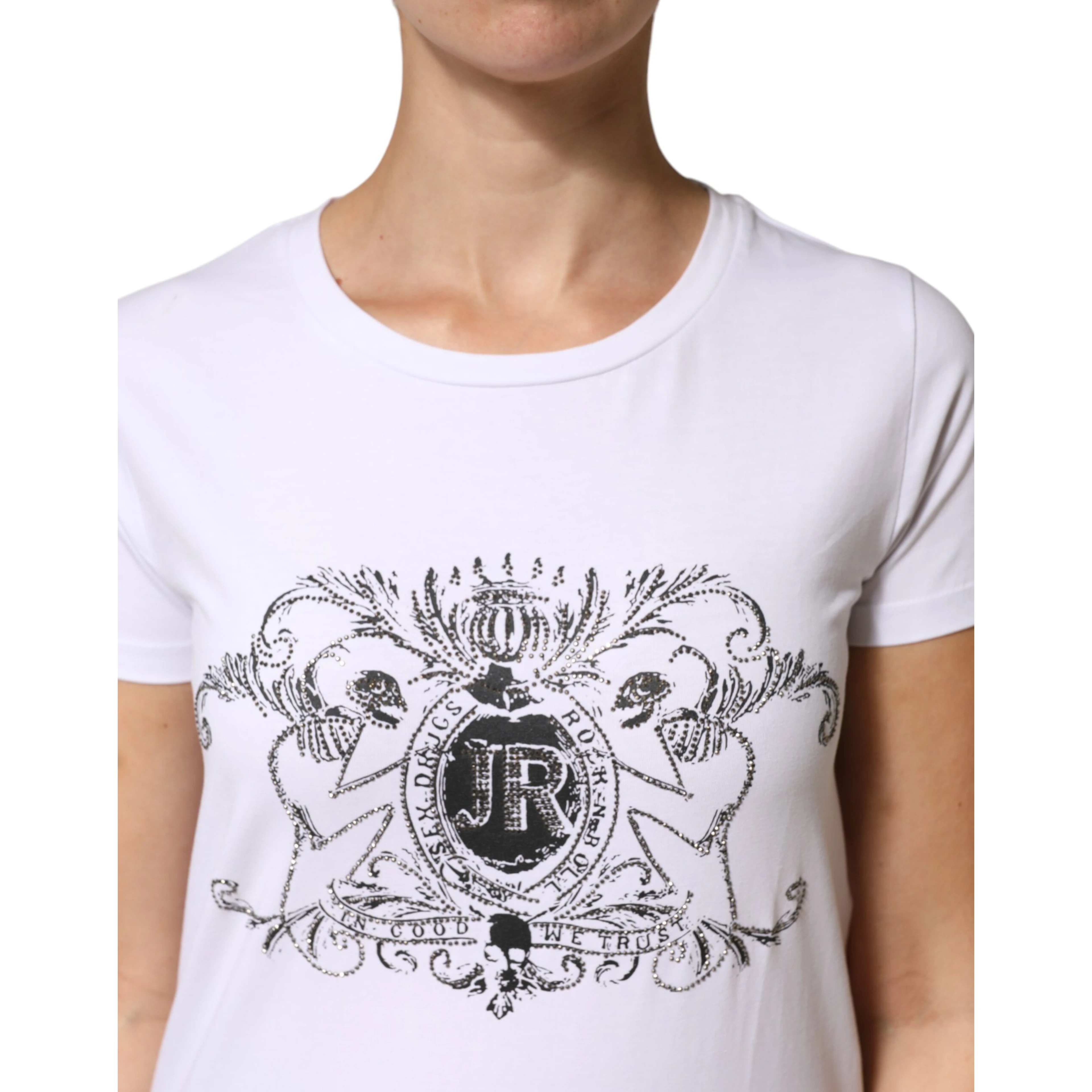 White Printed Cotton Stretch Crew Neck T-shirt
