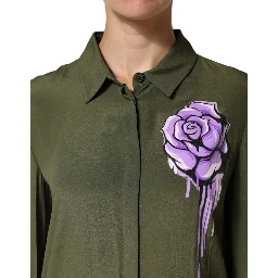 Top Green Acetate Collared Long Sleeves Floral Top