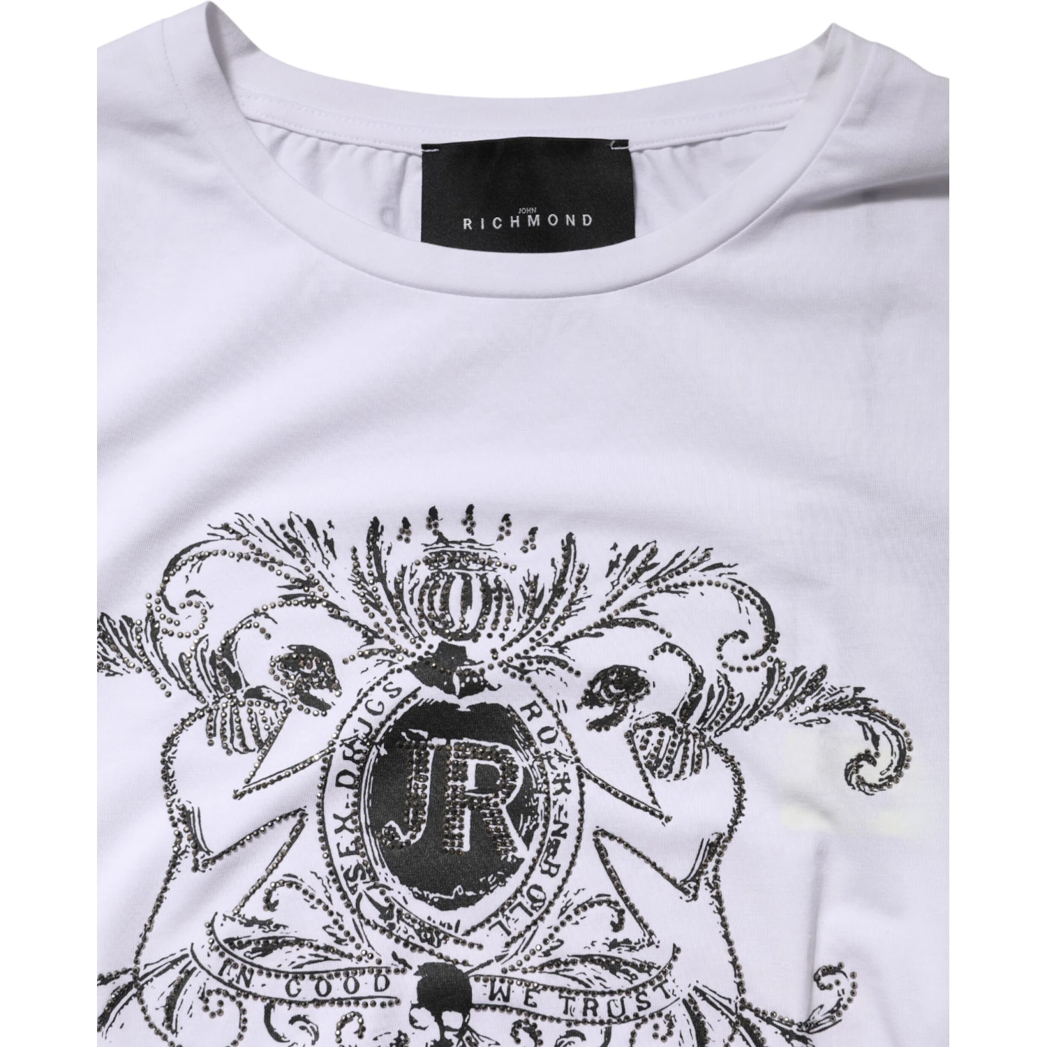 White Printed Cotton Stretch Crew Neck T-shirt