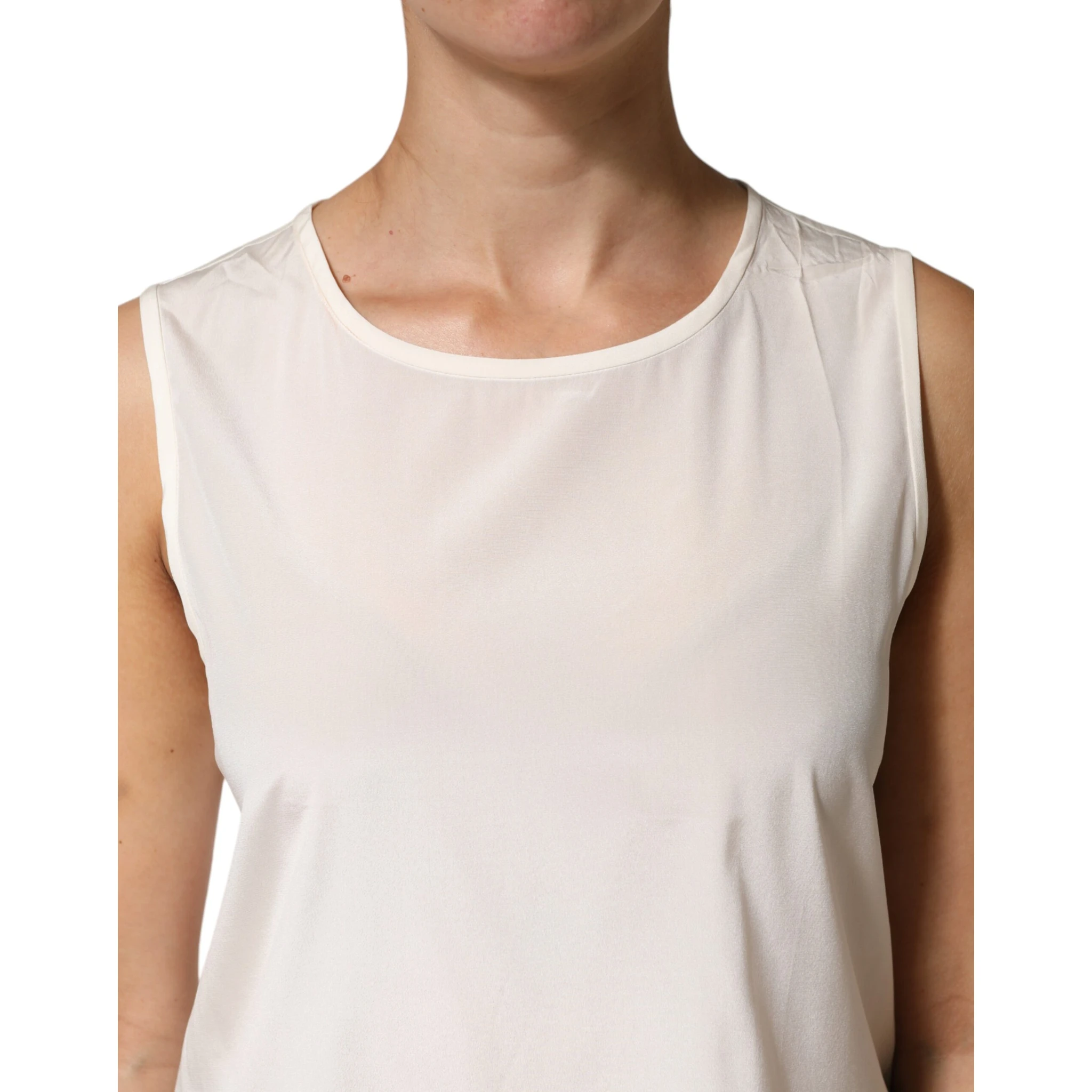 Off White Silk Stretch Roundneck Sleeveless Tank Top
