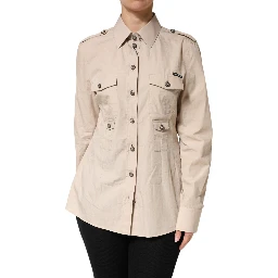 Beige Collared Long Sleeve Cotton Shirt Top