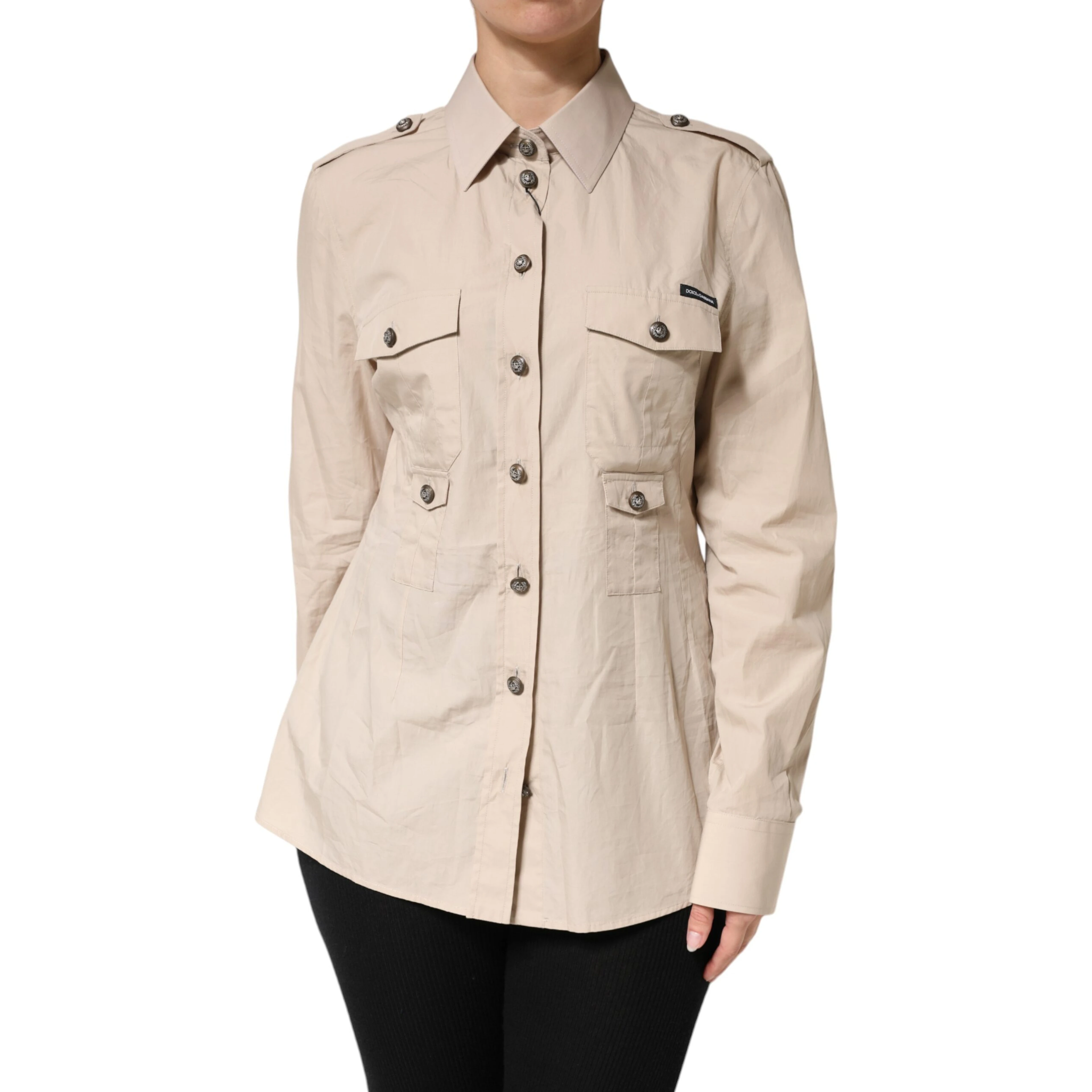 Beige Collared Long Sleeve Cotton Shirt Top