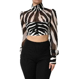 Zebra Print Chiffon Paneled Crop Blouse Top