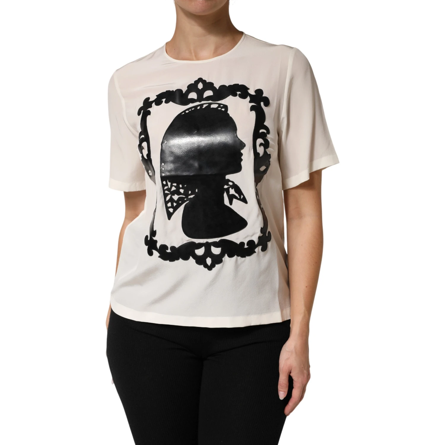 Cream Silk Silhouette Detail Short Sleeve Top