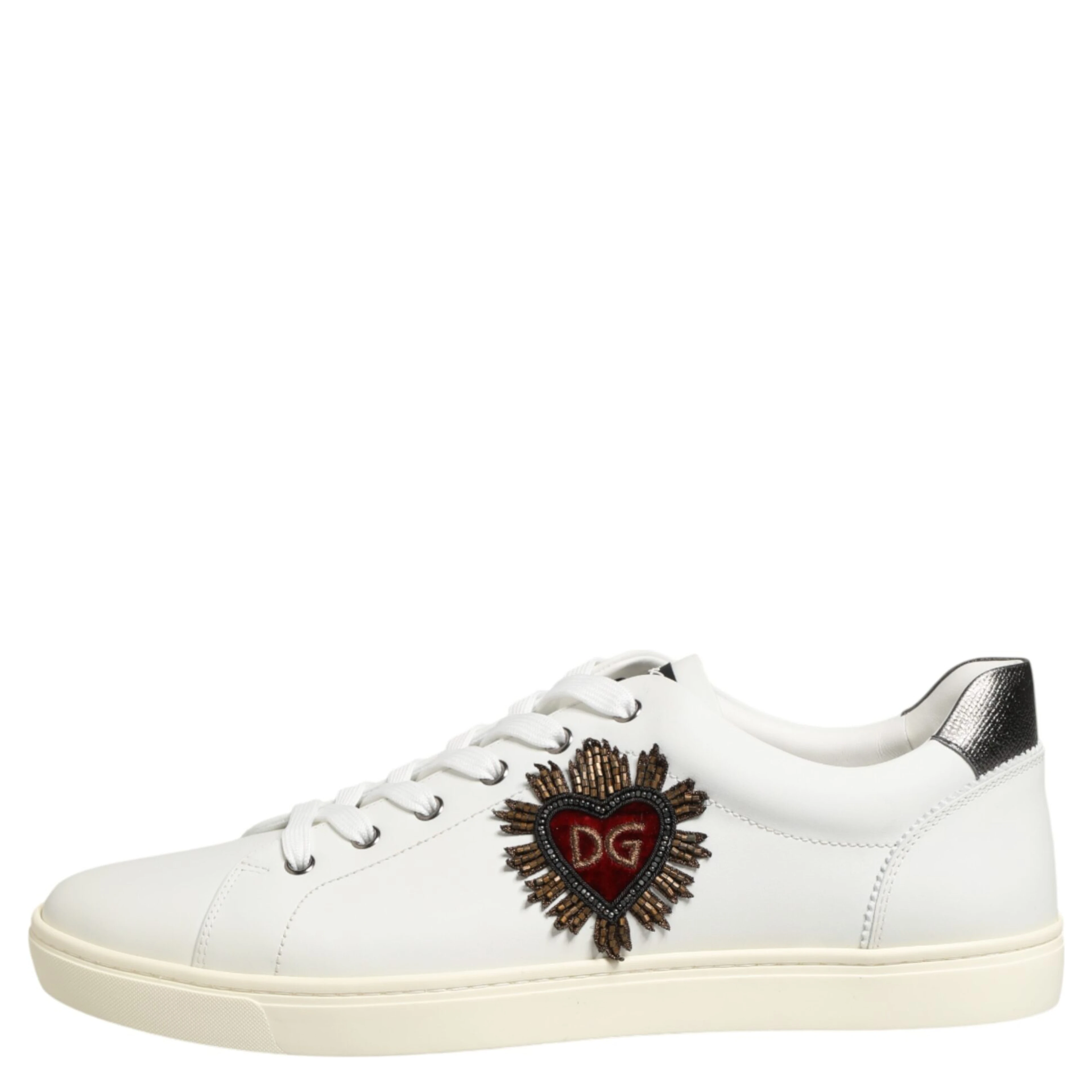 White Leather Heart Embellished Sneakers Shoes