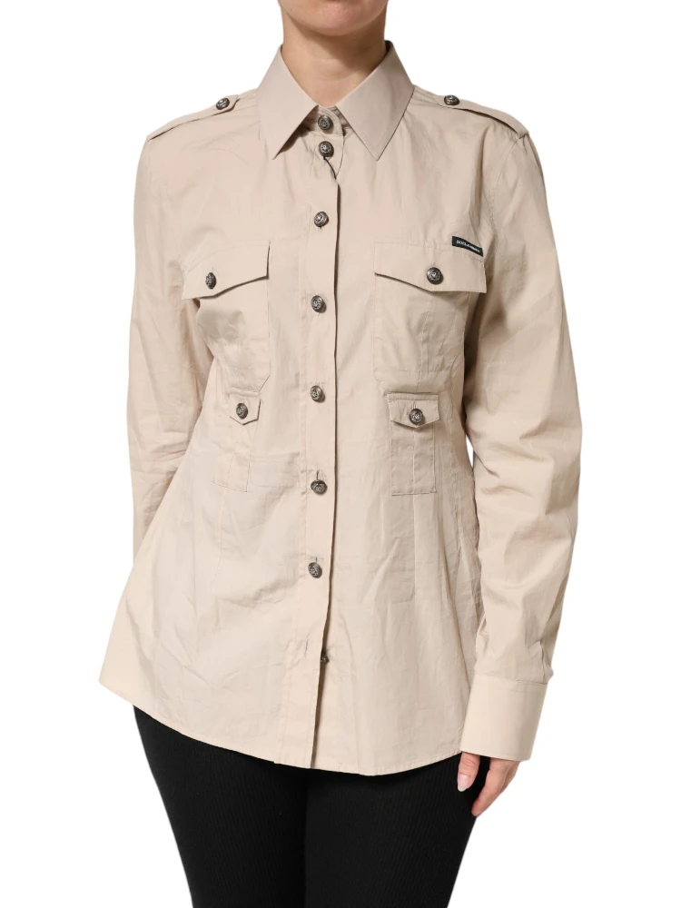 Beige Collared Long Sleeve Cotton Shirt Top alternative