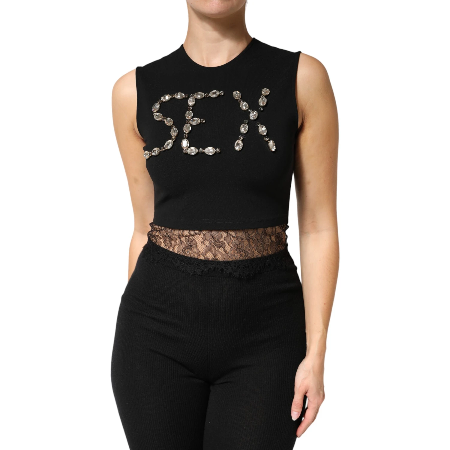 Black Jersey Lace Ruching Rhinestone Tank Top