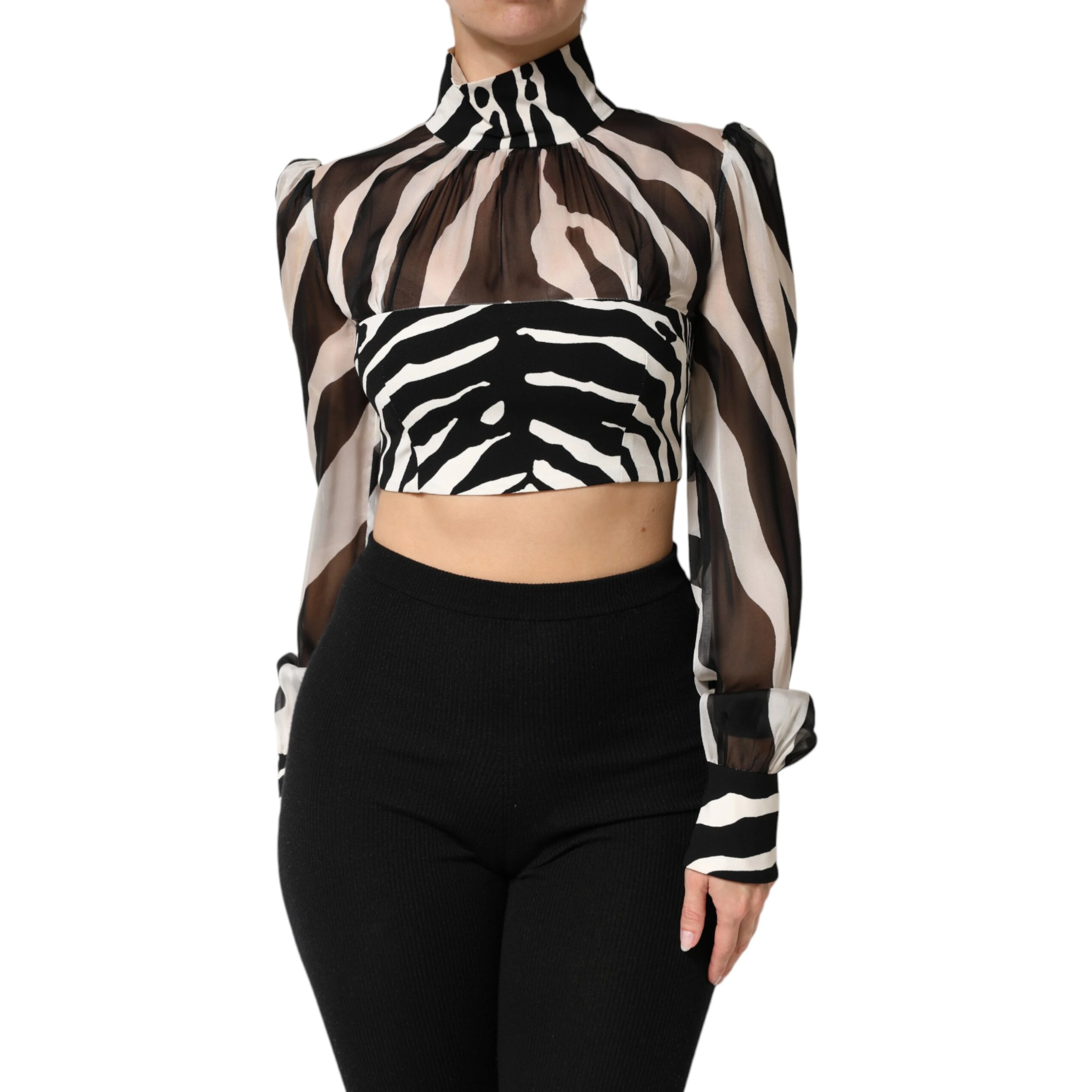 Zebra Print Chiffon Paneled Crop Blouse Top
