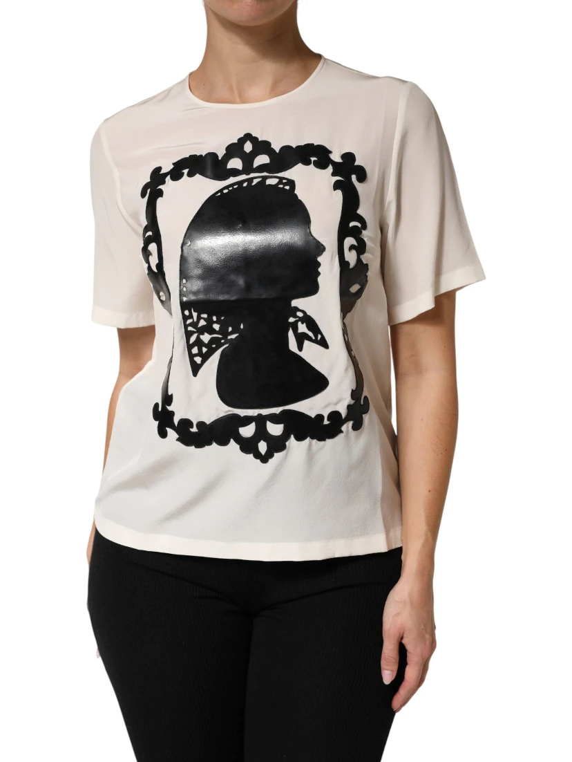 Cream Silk Silhouette Detail Short Sleeve Top