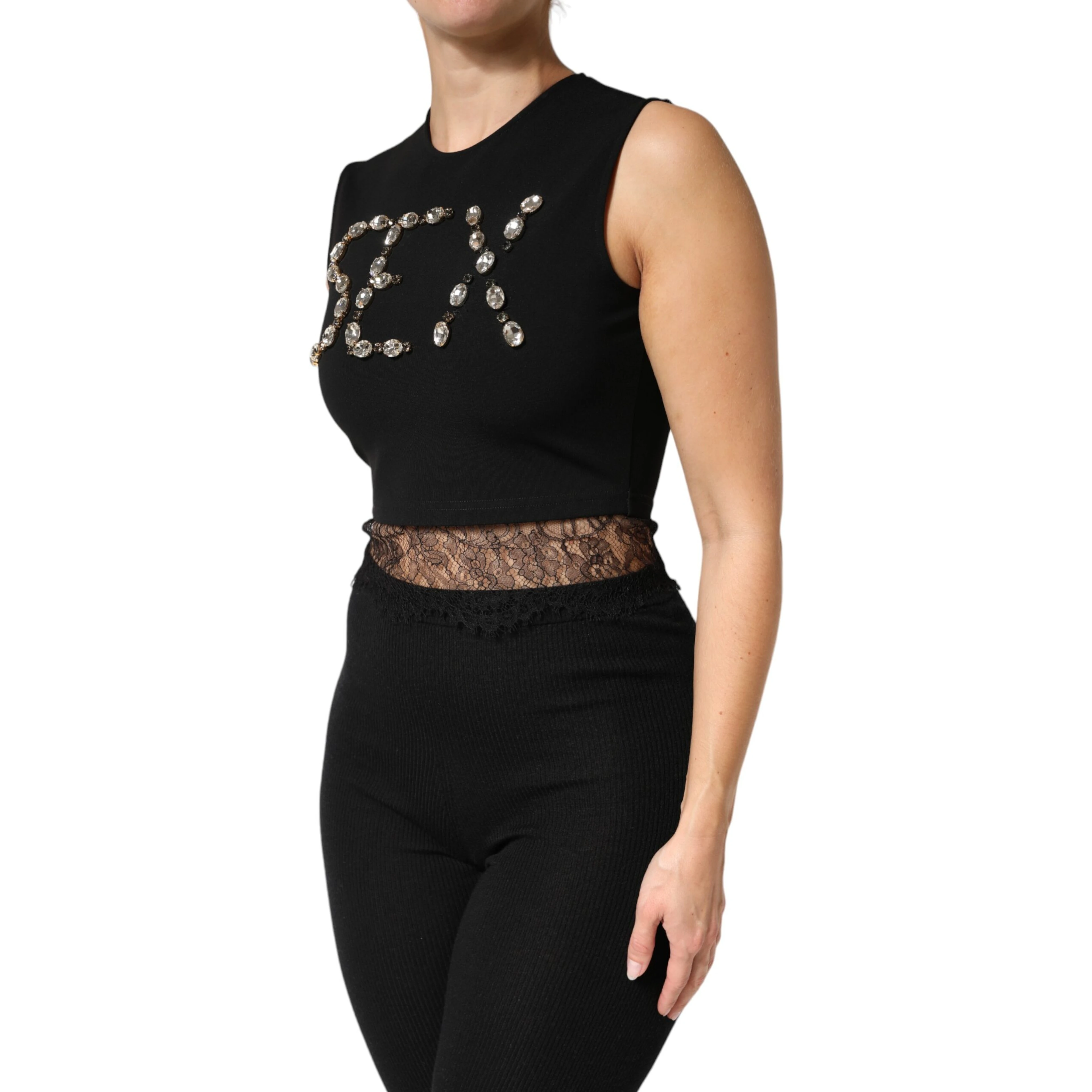 Black Jersey Lace Ruching Rhinestone Tank Top