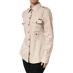 Beige Collared Long Sleeve Cotton Shirt Top