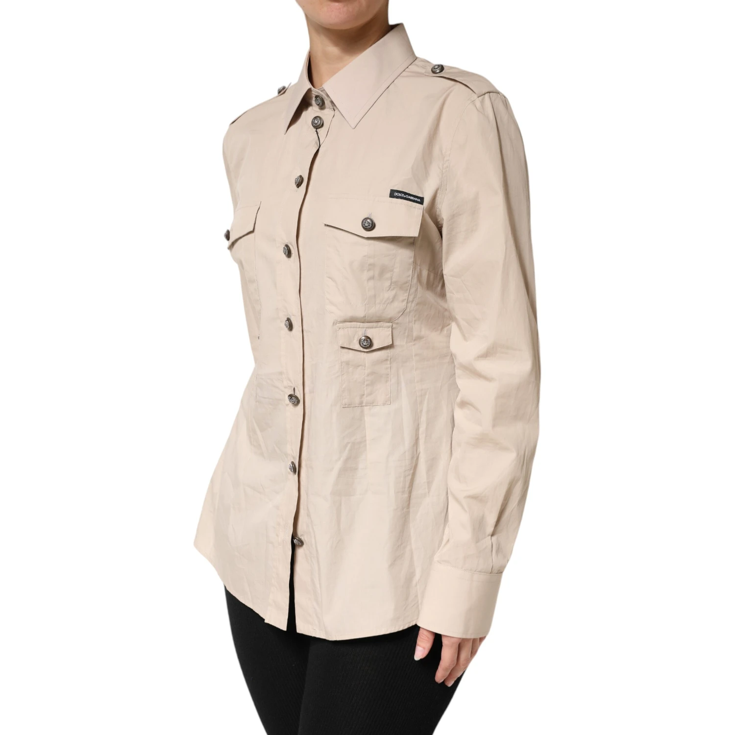 Beige Collared Long Sleeve Cotton Shirt Top